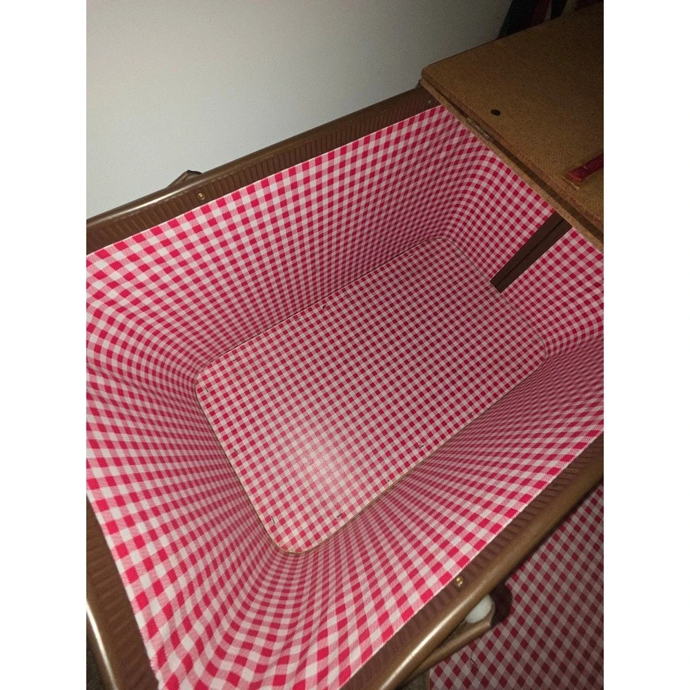 Vintage Woven Picnic Basket Gingham Lining Wood Lid with Matching Tray Set